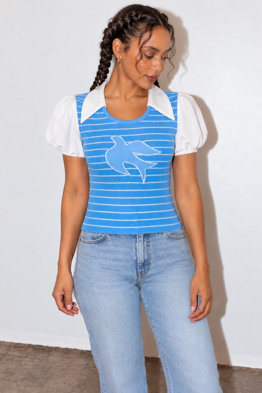Vintage 1970s Blue Striped Bird Top, Applique Puff Sleeve Dagger Collar Shirt XS